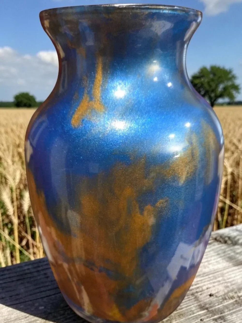 Abstract Fluid Art Glass 7 inch Vase in Metallic Blue Gold Copper, Handmade Art